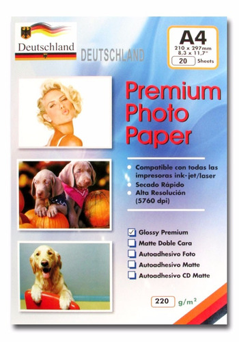 Papel Foto Glossy Doble Cara A4 220gr. 20 Hojas