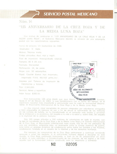 México Hoja Primer Día , Cruz Roja  Salud Medicina 1988