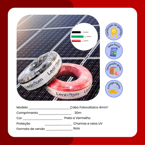 Cabo Solar 4mm 30m Preto+ 30m Vermelho C/ Conector Mc4 Solar
