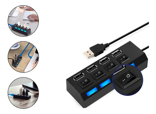 Hub Usb 4 Portas Usb 2.0 Switch Chave On/off E Led Indicador