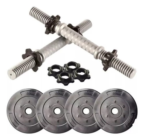 Imagen 3 de 10 de Kit Mancuernas Y Barra Con Tope A Rosca + 10 Kg Discos Pvc