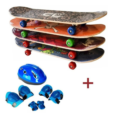 Skate Patineta Maple + Casco + Set Protección Niños Madera