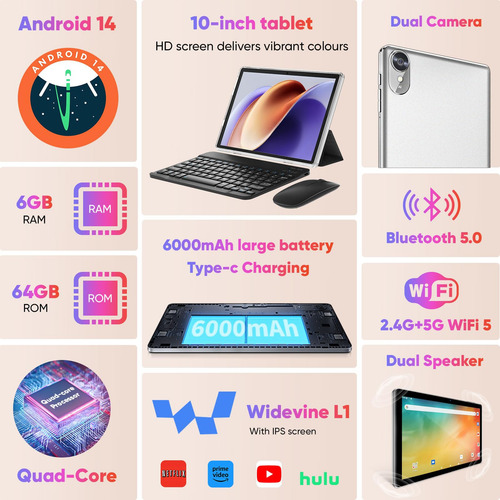 Tablet Aiprotablet 14 Android 10.1 Pulgadas, 6 Gb De Ram, 64