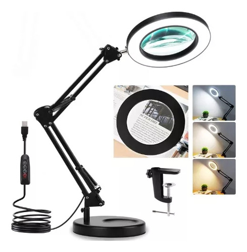 Lámpara Lupa Aumento Lente Circular Luz Led Soporte 2en1