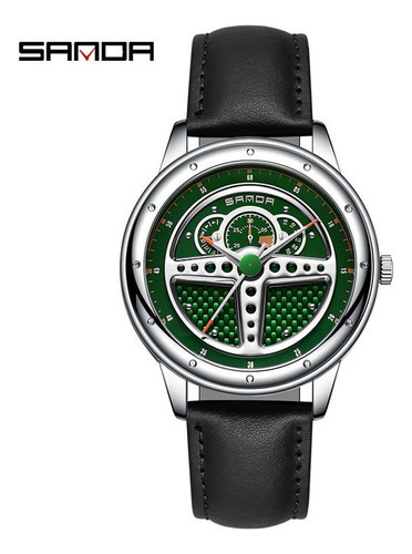 Relojes Impermeables Sanda De Cuero Casual Para Hombre Color Del Fondo Silver/green