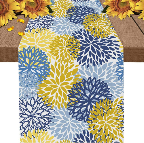 Camino De Mesa Flores Dalia 183 Cm Azul Amarillo Fiesta Come