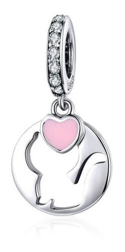 Dije Charm Gato Corazón Rosado Fabricado En Plata 925