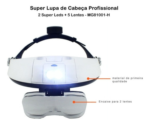 Lupa De Cabeça Profissional 2 Super Leds + 5 Lentes Estética