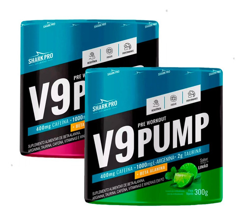 Suplemento Em Pó Shark Pro  Pré Treino Pre Treino Workout V9 Pump 300g - Shark Pro Cafeína Pre Treino Workout V9 Pump 300g - Shark Pro Sabor  Uva E  Limao Em Pote De 300g 2 Un  Pacote X 2 U