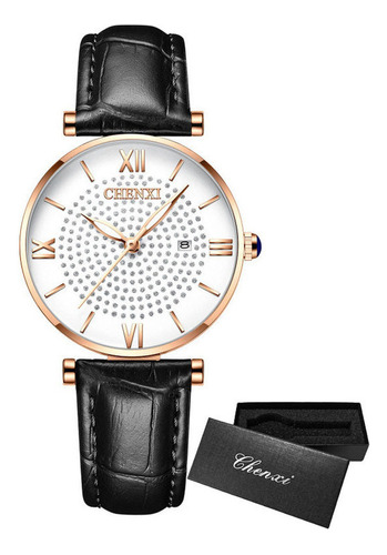 Reloj Chenxi con correa negra, impermeable, de cuero simple y diamantes