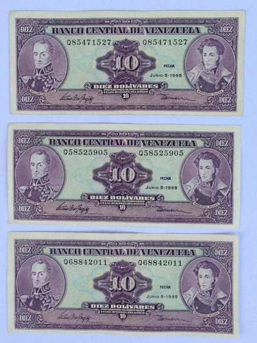 Billetes 10 Bolívares Junio 5 De 1995 Seriales Q8 Q5 Q6