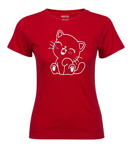 Polera Mujer Estampada Gatito Kawaii