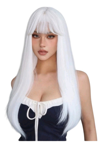 Peluca Blanca Lisa Larga Con Fleco Fibra Mate Color Blanco Tamaño De La Base 65cm