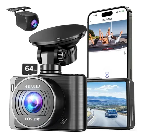 Cámara De Coche 4K Triple (delantera, Trasera E Interior) - Pantalla 3.15", WiFi 5 GHz, Visión Nocturna, Incluye Tarjeta SD 64 GB