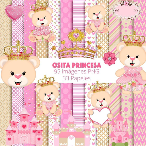 Kit Osita Princesa Corona Cliparts Png + Papeles Fondos