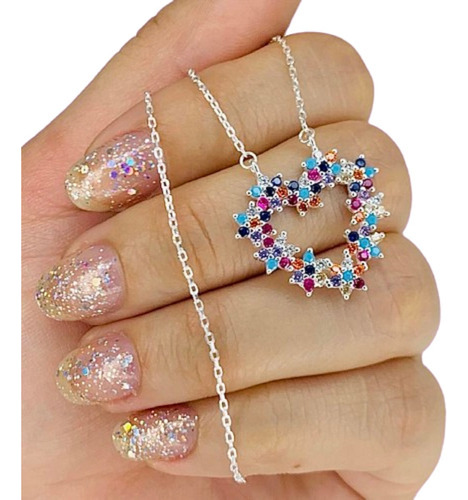 Conjunto Espejado Con Dije Corazon Multicolor Plata Kit 12 