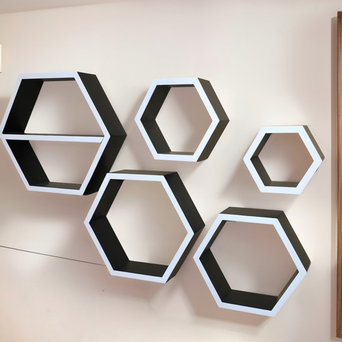 Set 5 Estantes Hexagonales Artesanal + Kit De Instalacion Negro Con Bordes Blancos