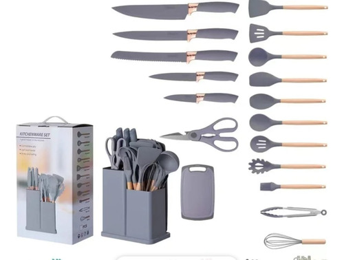 Utensilios De Cocina De Silicona Cuchillos Cucharas Tabla Gris