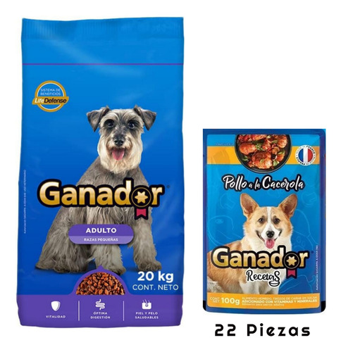 Ganador Raza Pequeña 20 Kg + Sobre Pollo Cacerola 100g 22 Pz