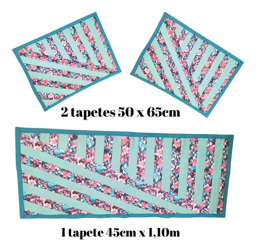 Kit 3 Tapetes Para Cozinha Em Patchwork Artesanal 1.1 M 45 Cm Listrado Verde