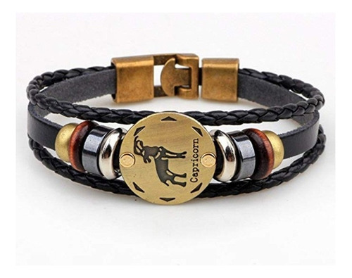 Brazalete De Cuero Y Trenzada Con Signo Zodiacal Broche Largo 20 Cm