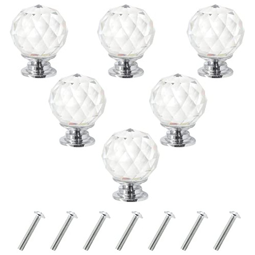 6 Pcs Round Diamond Crystal Cabinet Knobs 1.2 Inch Clea...