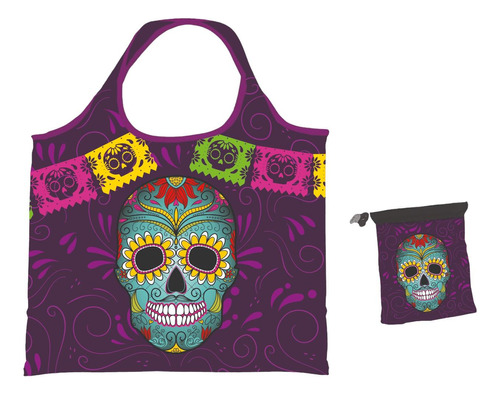 Bolsa Plegable De Tela Calavera Con Papel Picado