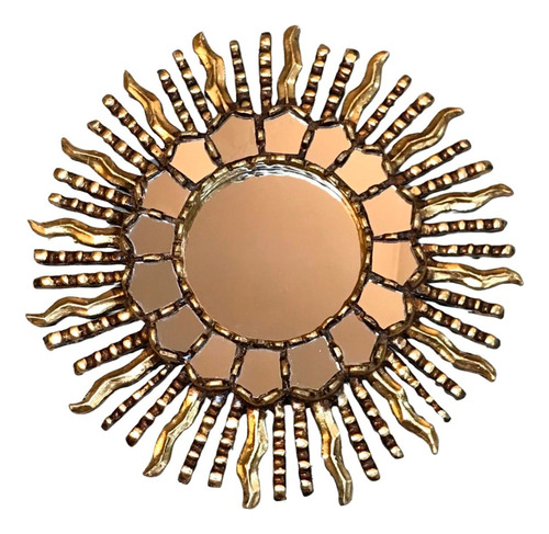 Espelho Mandala Sol Decorativo Madeira Folhada A Ouro 35 Cm