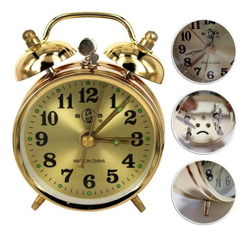 Reloj Despertador Mecánico Oro Cuerda Manual Vintage Metal S