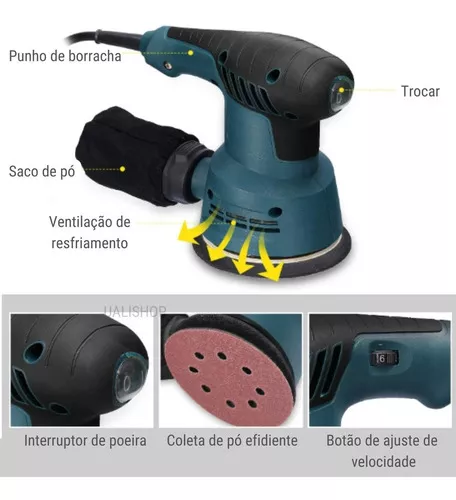 Lijadora profesional It-Blue Lixadeira orbital elétrica acampanha 5 lixas  300w saco coletor de pó profissional parede teto azul e preta azul turquesa  y negra 50Hz 300W 110V