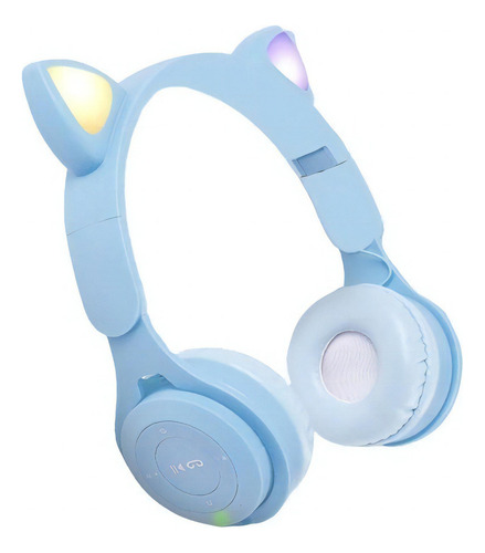 Auriculares Vincha Oreja Gato Luz Led Bluetooth Gatito Niños Color Celeste