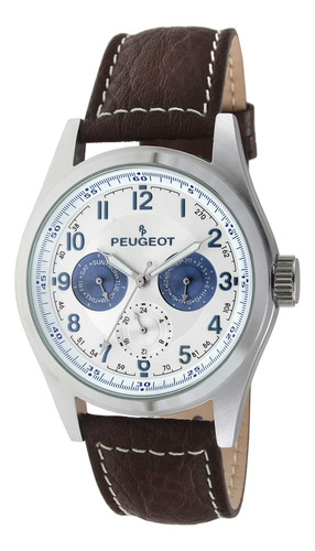 Peugeot Reloj Para Hombre Con Caja Redonda, Esfera Plateada,