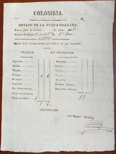 Cúcuta Nueva Granada Factura Antigua De Correos Febrero 1838
