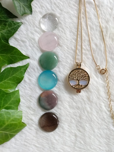 Colar Relicário Árvore Da Vida Ouro Opalina + 6 Pedras