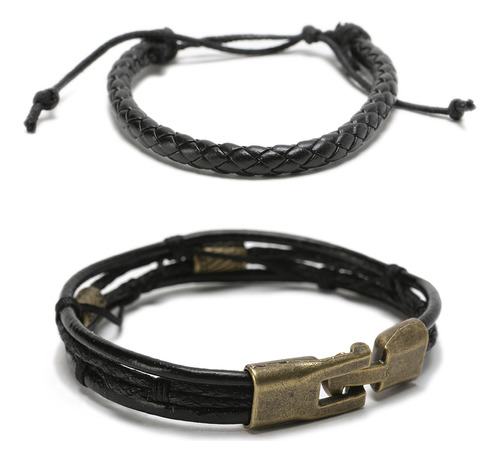 Pack 2 Pulsera Cuero Hombre Negro Bronce Brazalete Mujer