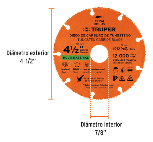 Disco Carburo De Tungsteno 41/2 Multimaterial Truper Ditu-45