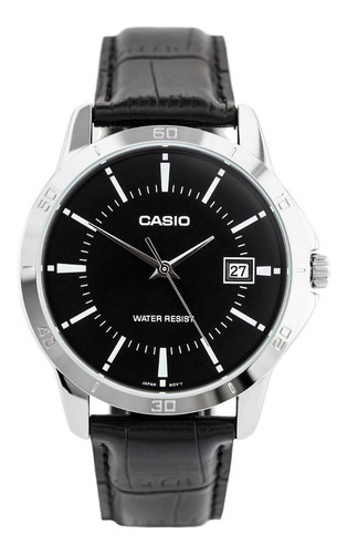 Reloj Pulsera Casio Enticer Mtp-v004 De Cuerpo Color Plata, Analógico, Para Hombre, Fondo Negro, Con Correa De Cuero Color Negro, Agujas Color Plata, Dial Blanco, Minutero/segundero Blanco, Bisel Colo