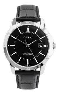 Reloj Pulsera Casio Enticer Mtp-v004 De Cuerpo Color Plata, Analógico, Para Hombre, Fondo Negro, Con Correa De Cuero Color Negro, Agujas Color Plata, Dial Blanco, Minutero/segundero Blanco, Bisel Colo