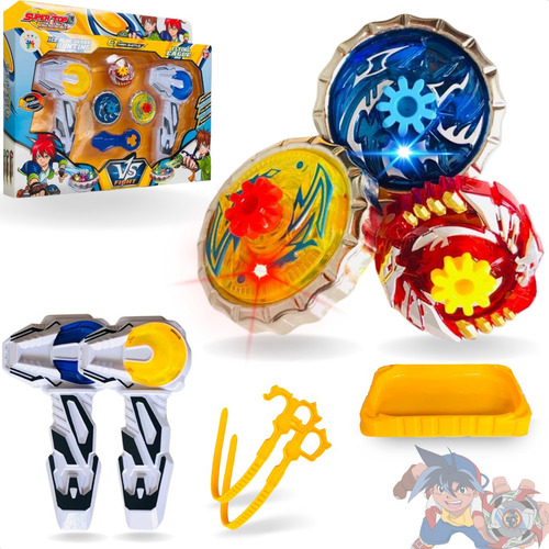 Kit 3 Beyblade Metal Com Led + 2 Lançador + Arena