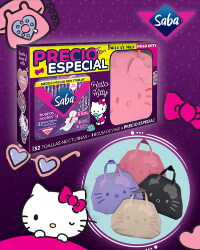 Toallas Nocturnas Saba + Bolsa Hello Kitty Negra + Vaso