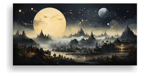 80x40cm Cuadro Paisaje Montaña Nocturna Fases Lunares Dorad