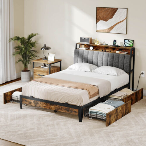 Full/queen Size Metal Bed Frame Upholstered Headboard Pl Eem