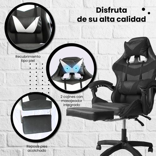 Silla Gamer Reclinable 2 Masajes Giratoria Ergonómica Masaje Lumbar Negro