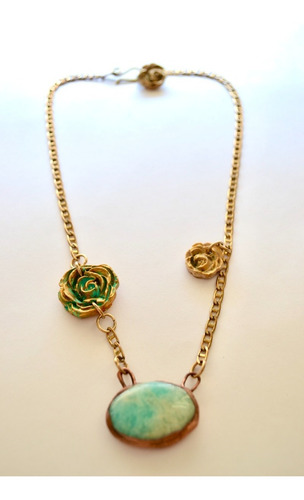 Imagen 3 de 10 de Collar De Flores Con Piedra Natural Amazonita, Bronce, Cod1