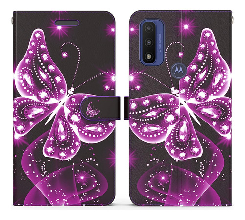 Funda Negra Violeta Billetera Mariposa Para Moto G Pure