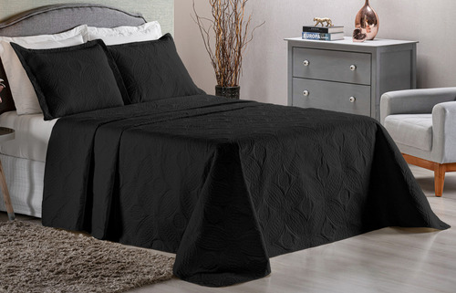 Kit Cobre Leito Casal 3 Peças Mimo Colcha Dupla Face Cor Preto Lisa