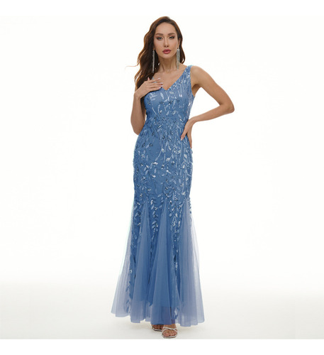 Embroidered Sequins Banquet Light Luxury Gown Mesh