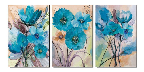 Cuadro Triptico Flores Azules 120 X 60 Cm