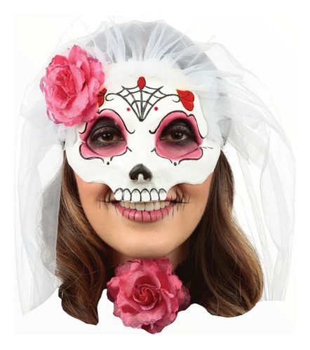 Máscara Antifaz Catrina Con Velo Calavera Día De Muertos