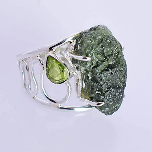 Anillo De Plata Con Moldavita Y Peridoto, Joyería Hecha A Ma